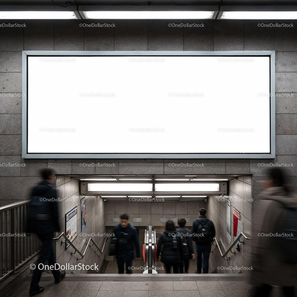 Commuters walking down stairs in urban subway station JPG Mockup Image