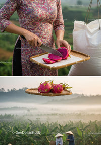 Slicing Fresh Dragon Fruit on Bamboo Tray in Morning Farm
