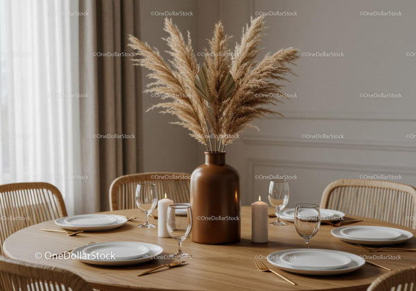 Elegant Dining Table with Pampas Grass and Candles in Modern Home