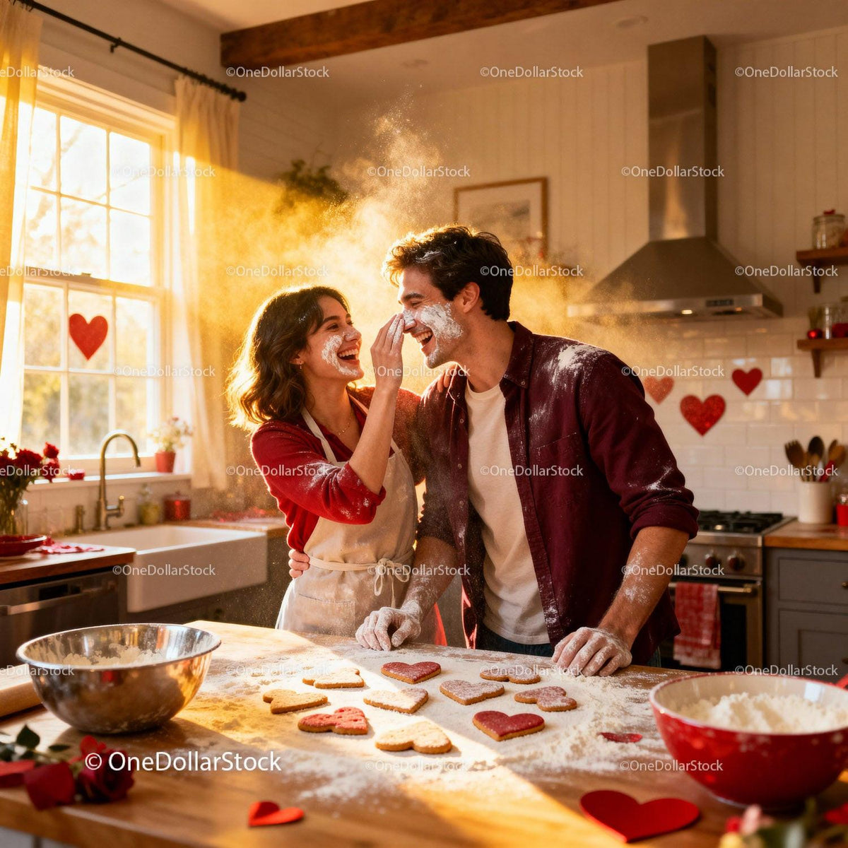 Couple Playfully Baking Heart Cookies in Cozy Kitchen