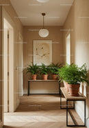 Serene Indoor Hallway with Houseplants and Modern Minimalist Decor