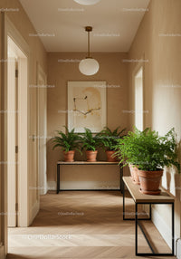 Serene Indoor Hallway with Houseplants and Modern Minimalist Decor