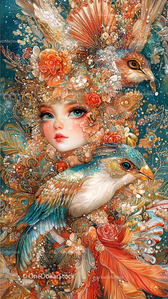 Mythical Portrait with Floral and Feather Details in Fantasy Style