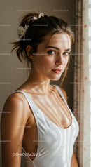 Portrait of a Young Woman with Flowers in Hair Bright Natural Light