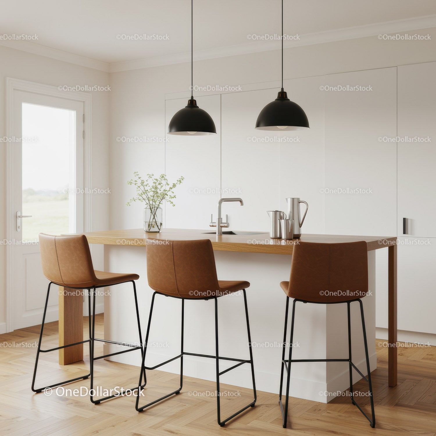 Modern Kitchen with Wooden Bar Counter and Black Pendant Lights