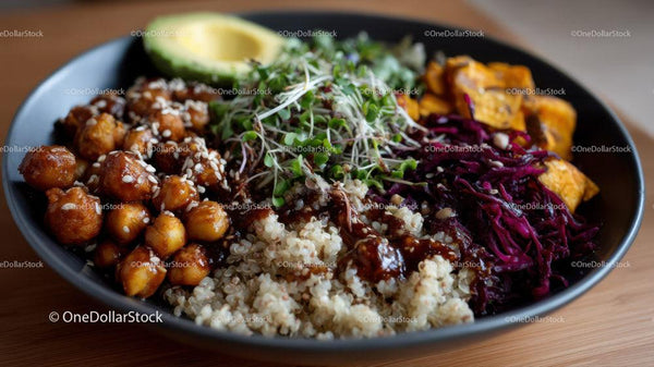 Colorful Vegetarian Bowl with Chickpeas Microgreens and Quinoa