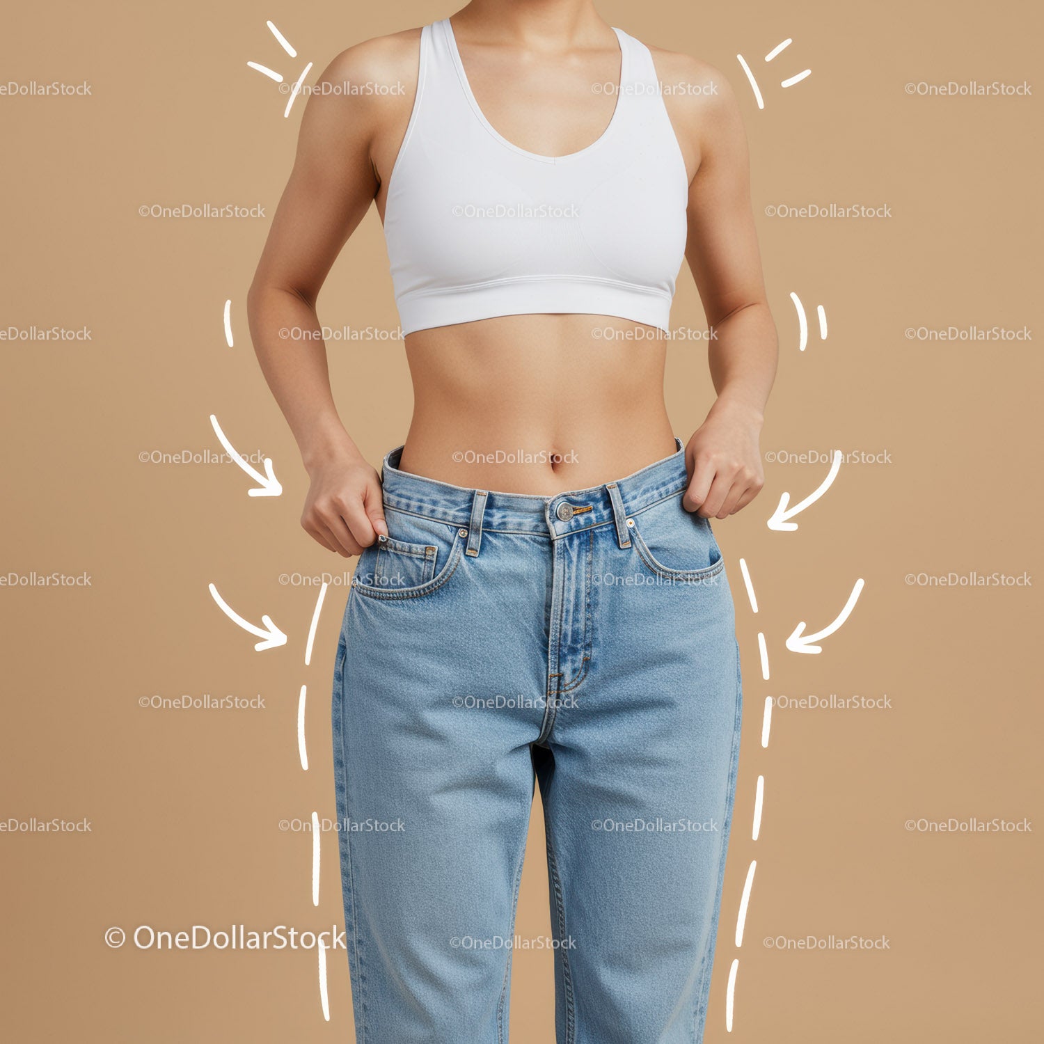 Young Woman in White Crop Top and Blue Jeans on Beige Background