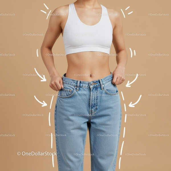 Młoda Kobieta w Białym Crop Topie i Niebieskich Jeansach na Beżowym Tle