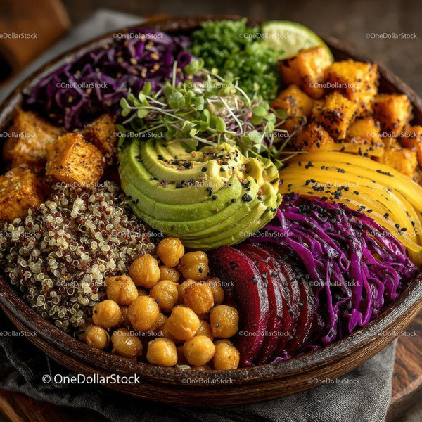 Fresh Veggie and Chickpea Salad Bowl with Avocado and Sweet Potatoes