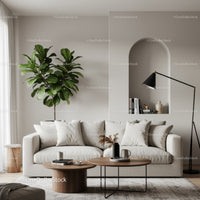 Cozy living room with neutral sofa and green plant