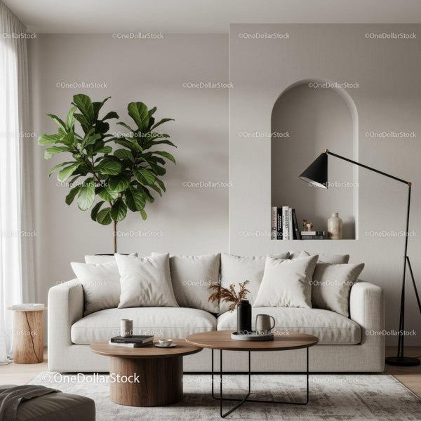 Cozy living room with neutral sofa and green plant