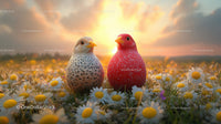Colorful Birds in Blooming Daisy Field with Sunrise Sky
