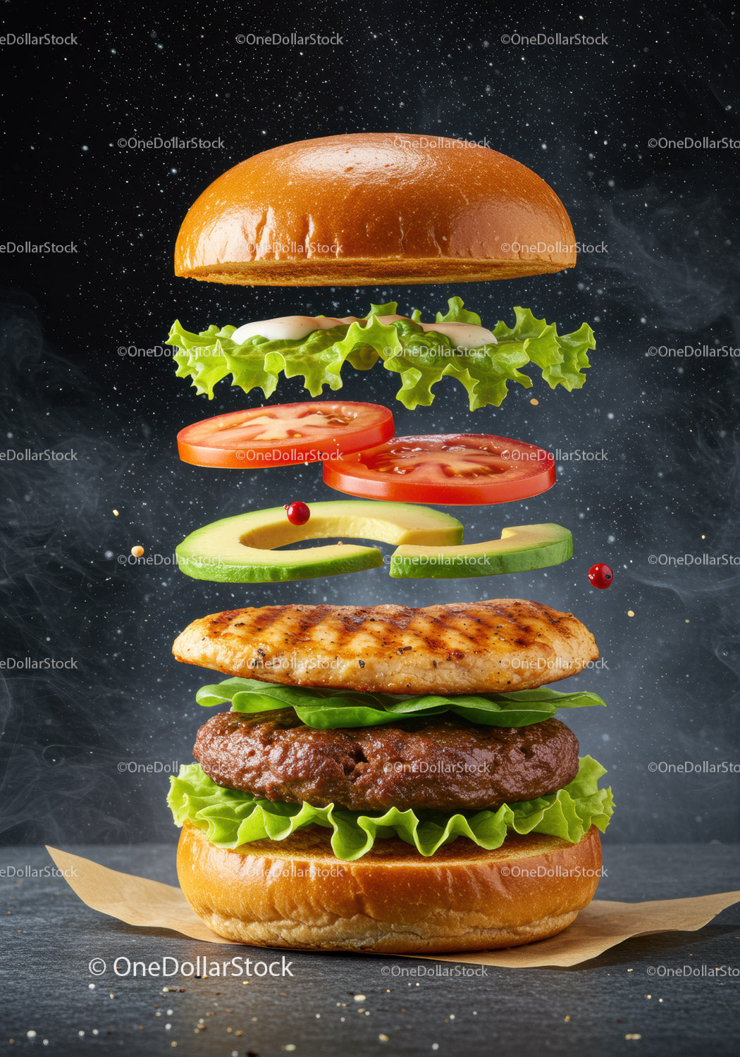 Burger gourmet z warstwowymi dodatkami i świeżymi składnikami pływającymi