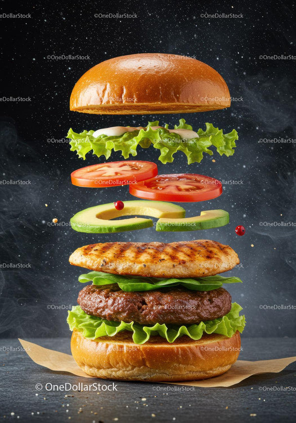 Warstwowy burger gourmet z świeżymi składnikami unoszącymi się w powietrzu