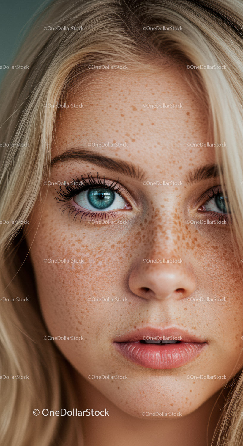 Close up of young woman with freckles and blue eyes