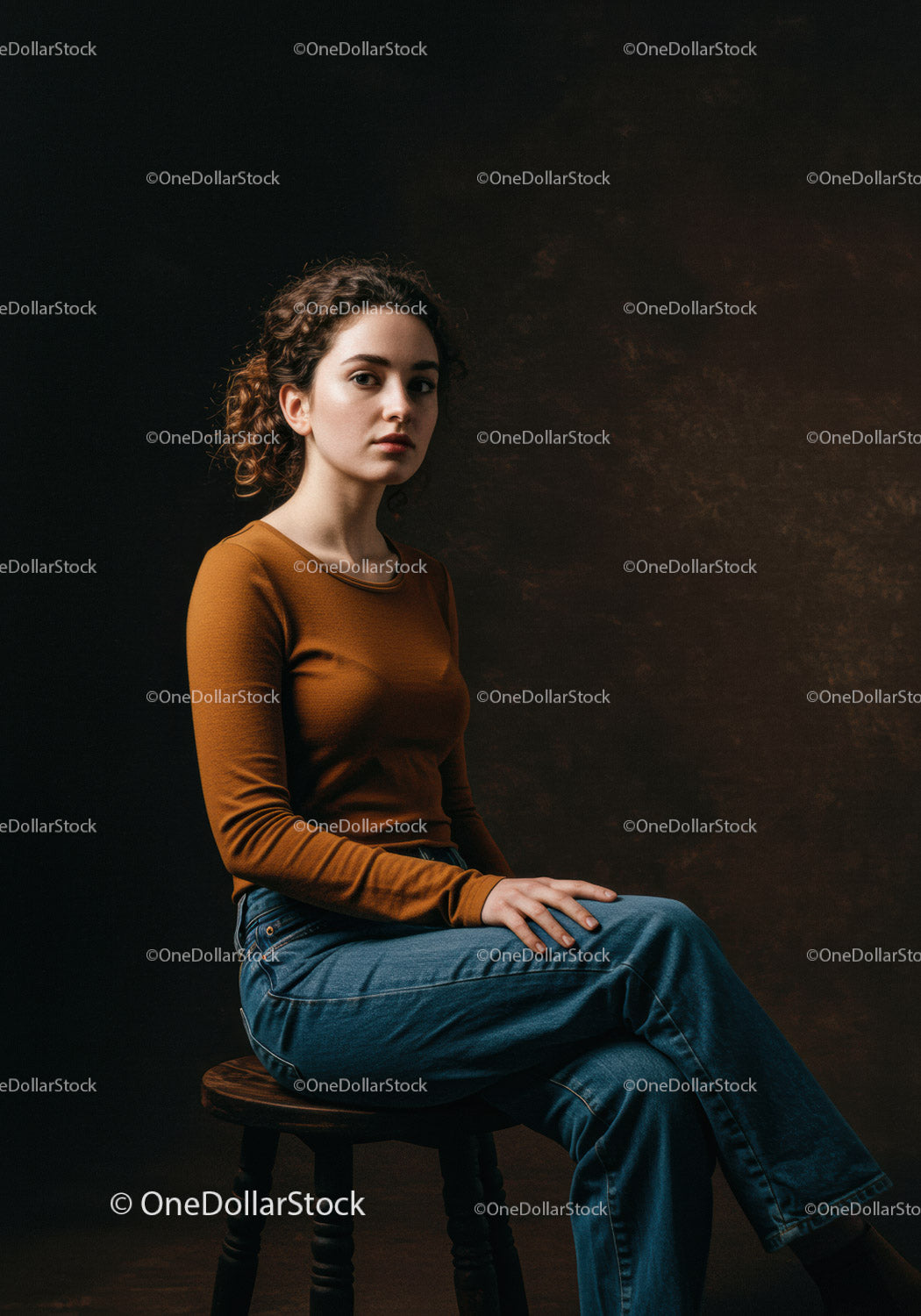 Stylish Woman Sitting on Wooden Stool in Casual Outfit