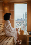 Relaxing Woman Sitting in Sauna with City View in Modern Wellness Center