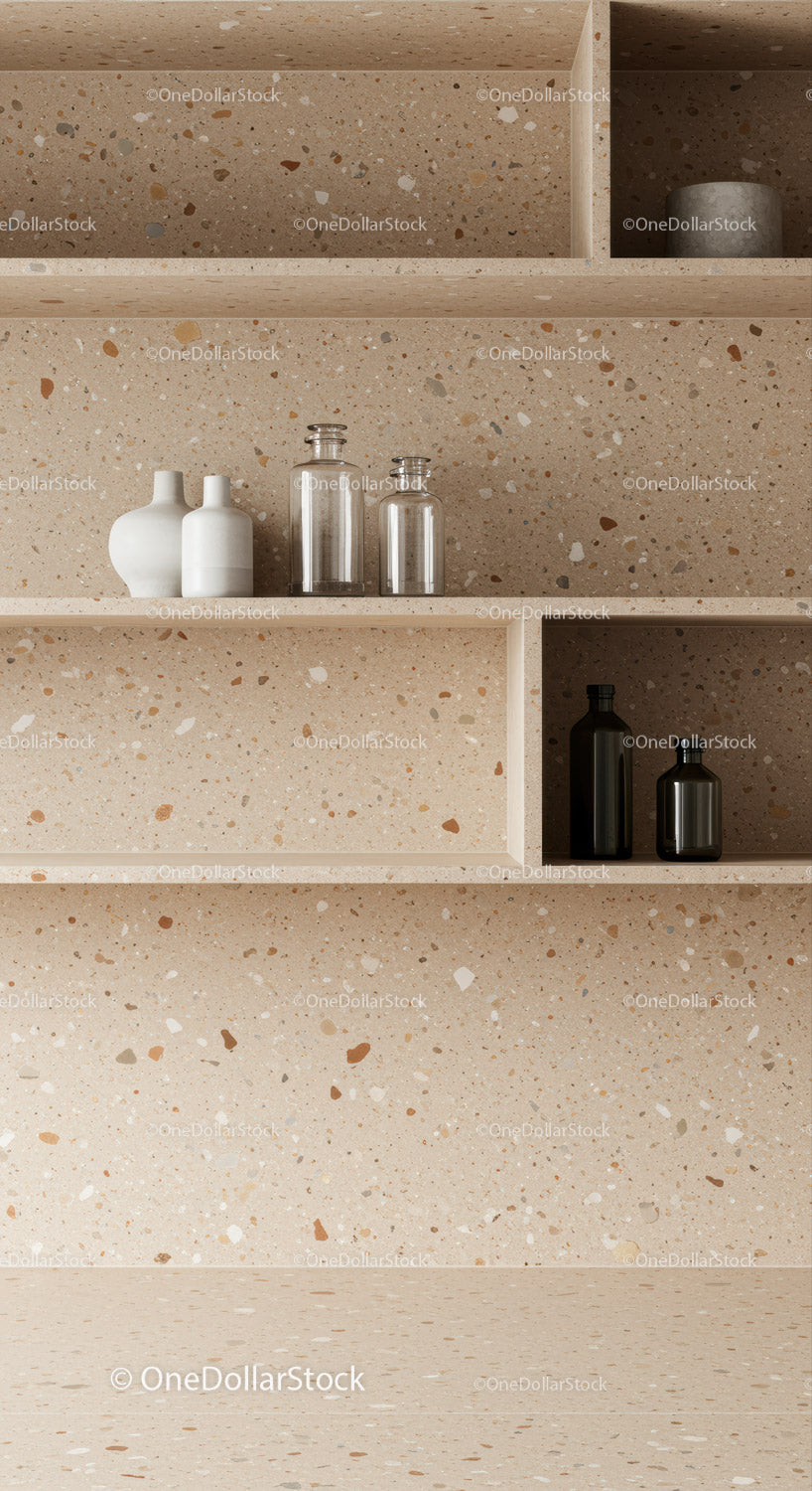 Elegant terrazzo shelves with ceramic vases and black storage jars