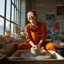 Joyful Woman Creating Handmade Pottery in Artistic Studio