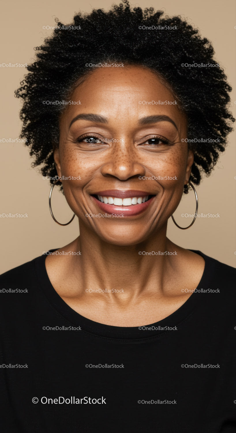 Elegant African American Woman with Curly Hair and Bright Smile