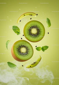 Fresh Kiwi Slices with Mint Leaves on Green Background