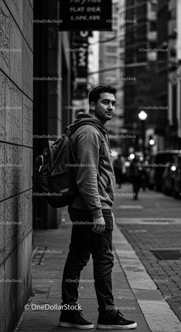 Urban Scene of Young Man with Backpack Standing on City Street at Night