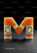 Creative Sushi Rolls Forming Letter M on Black Background