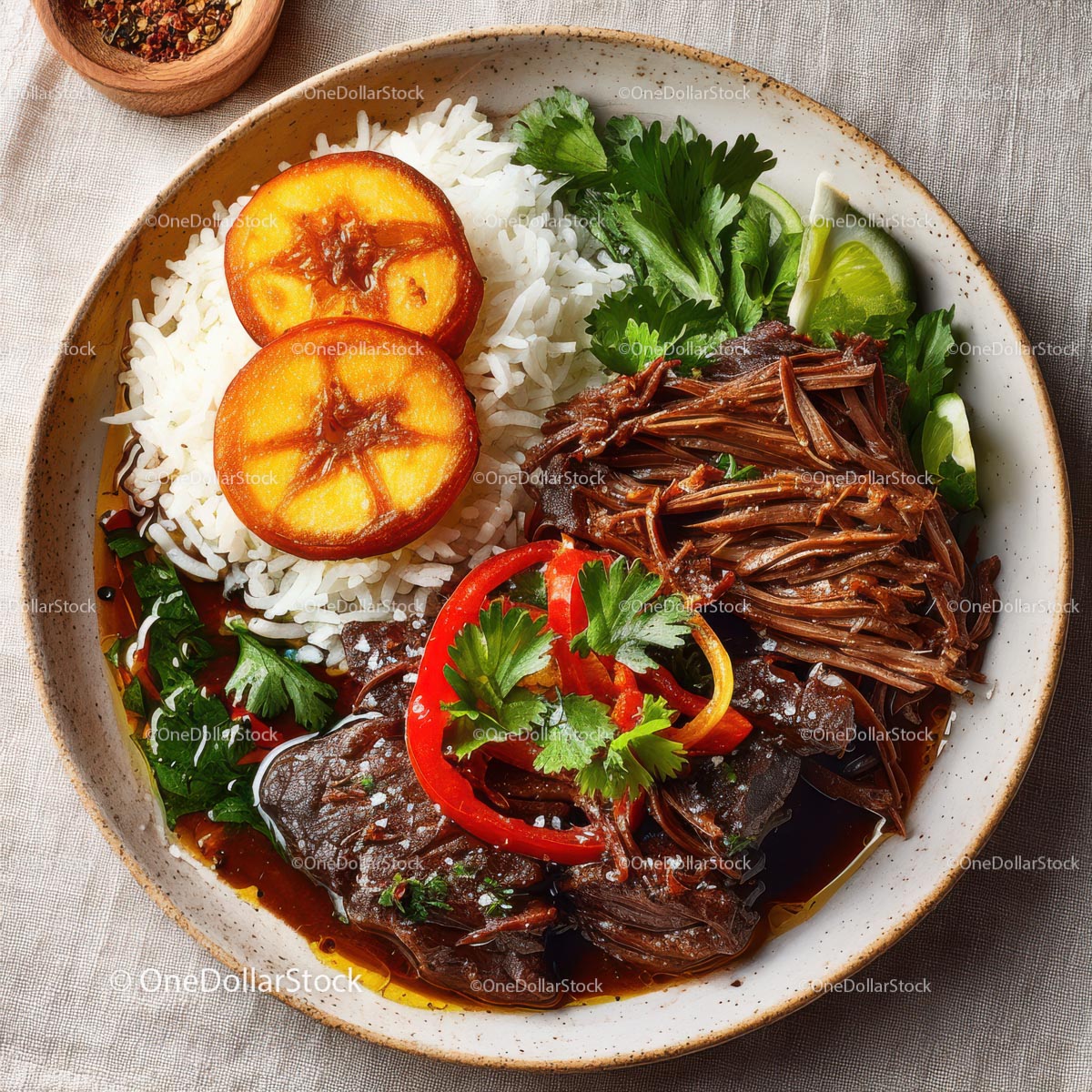 Asian-inspired Beef Dish with Rice and Garnishes