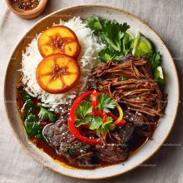 Asian-inspired Beef Dish with Rice and Garnishes