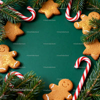 Festive Gingerbread Cookies and Candy Canes on Green