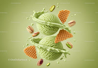 Two scoops of pistachio ice cream with splashes and nuts