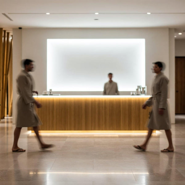 Guests Walking Past Minimalist Spa Reception Desk JPG Mockup Image