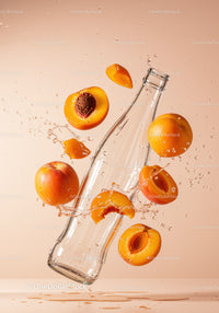 Fresh apricots splashing around glass bottle on peach background