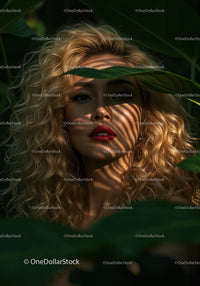 Glamorous Woman with Curly Blonde Hair Among Tropical Leaves