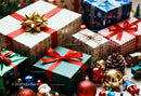 Festive assortment of wrapped Christmas gifts and ornaments