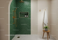 Modern shower area with green tiled wall and wooden stool