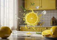 Fresh lemon slice splash with ice and rosemary in kitchen