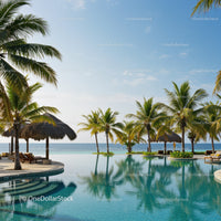 Tropical Beach Scene with Palm Trees and Swimming Pool by the Ocean