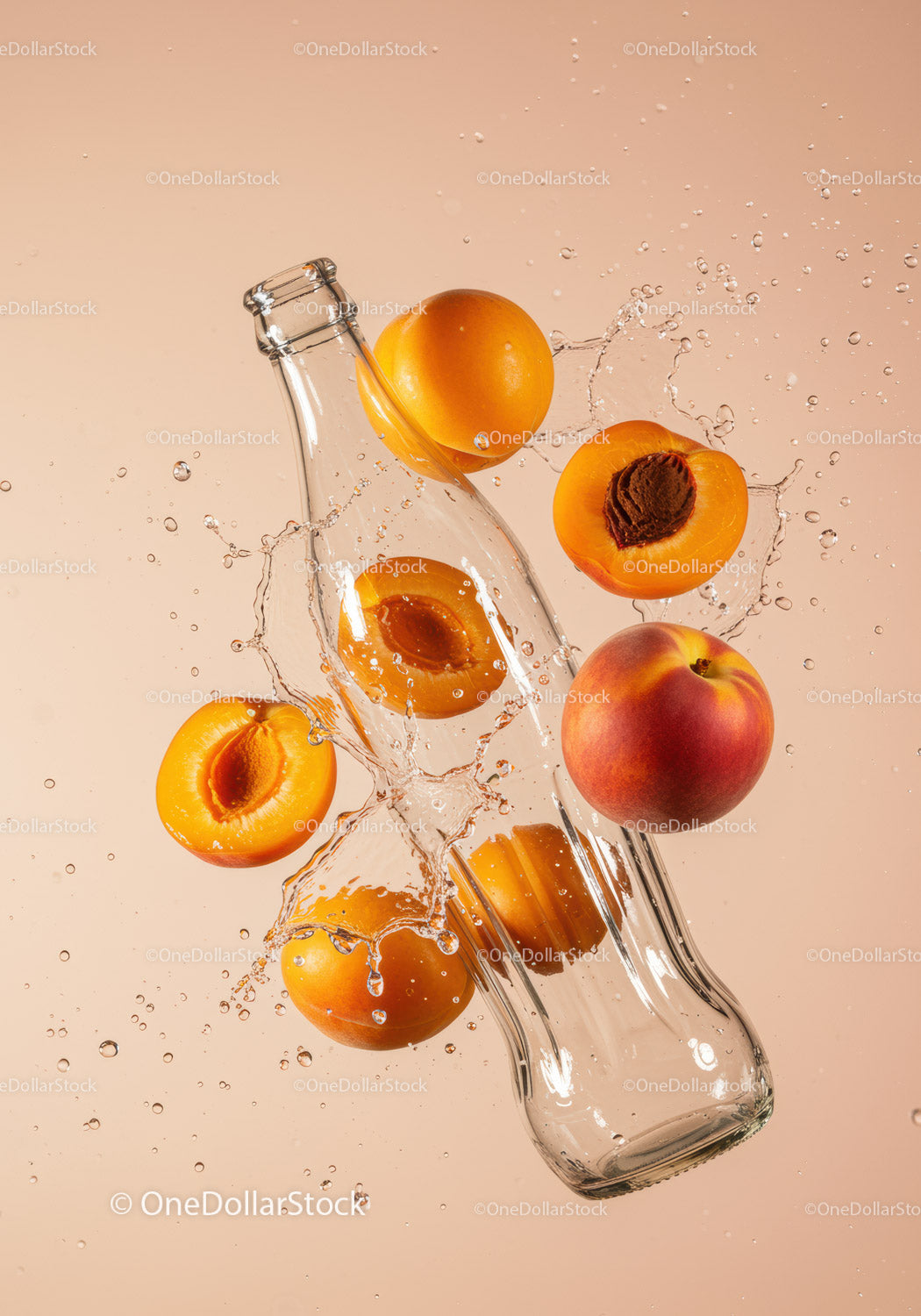 Fresh Apricots Splashing Around Glass Bottle