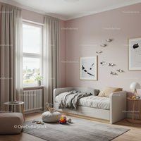 Bright Cozy Bedroom with Soft Pink Wall and Playful Decor