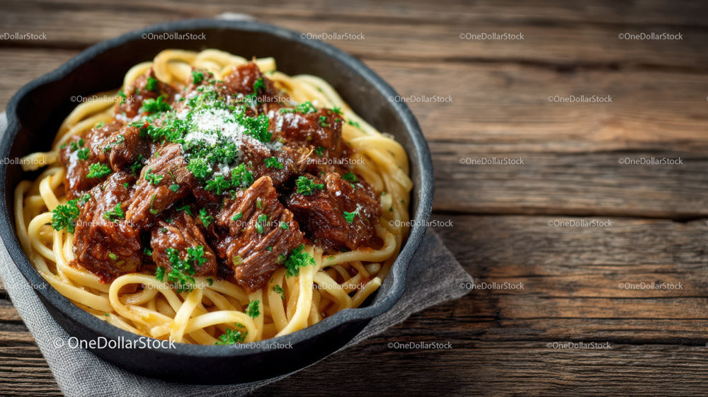 Rich Beef Stew Over Pasta Served in a Black Cast Iron Bowl