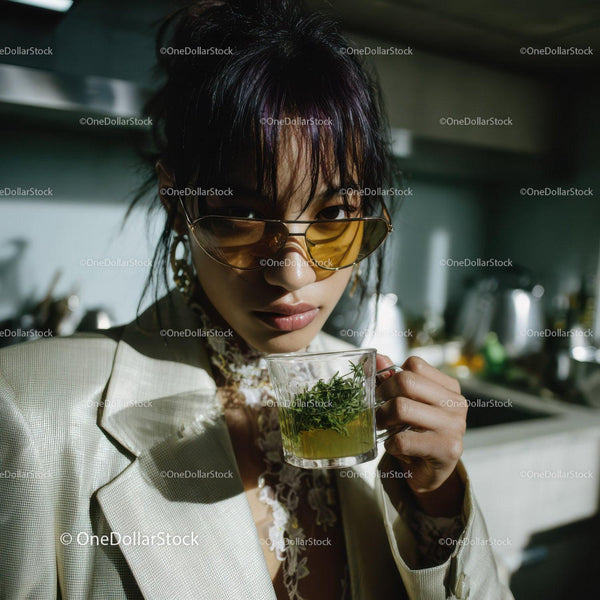 Stylish Woman in Sunglasses Enjoying Herbal Tea in Bright Kitchen