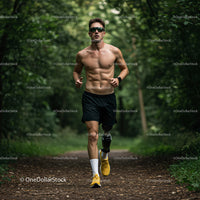 Male Runner with Prosthetic Leg Running in Forest on Nature Trail
