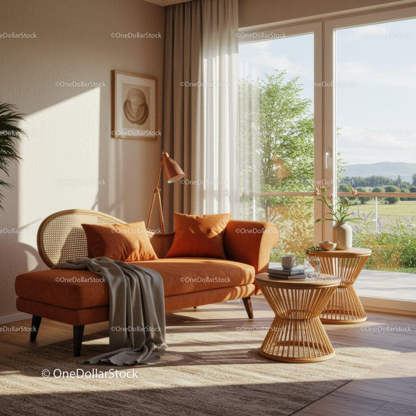 Przytulny nowoczesny salon z pomarańczową sofą i naturalnym światłem