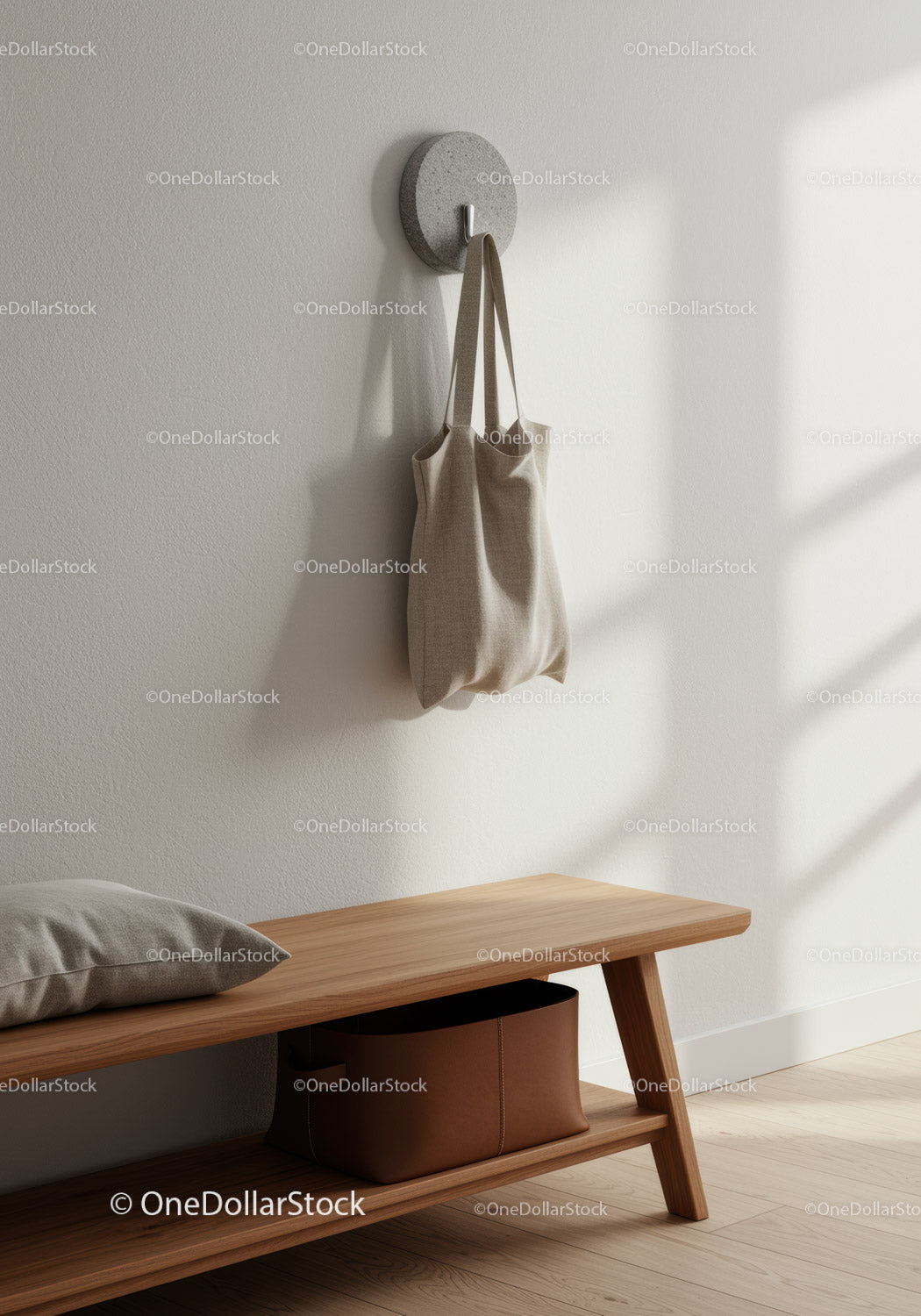 Minimalist Interior Hallway with Wall Hook and Beige Tote Bag