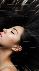 Serene woman resting with flowing long black hair