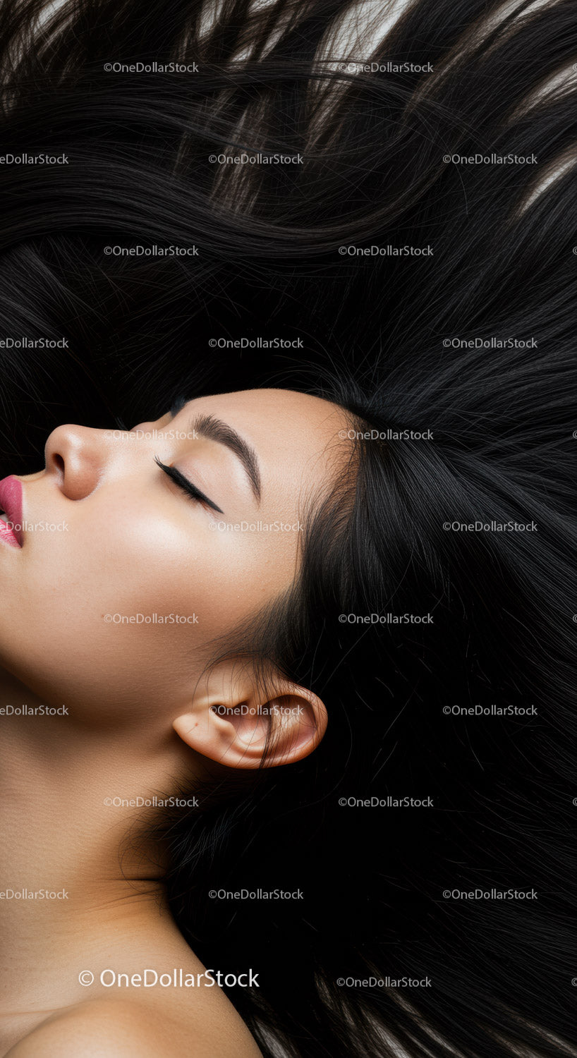 Serene woman resting with flowing long black hair