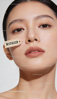 Close-up of serene woman with bestseller tag on cheek
