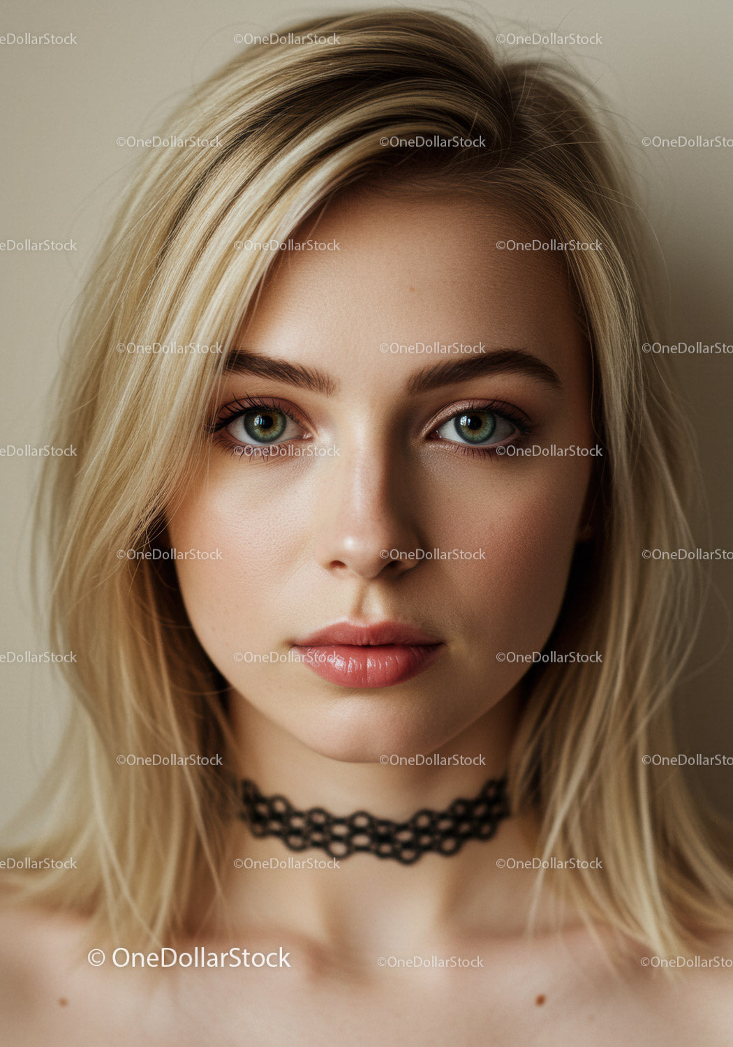 Portret młodej kobiety o blond włosach i piwnych oczach