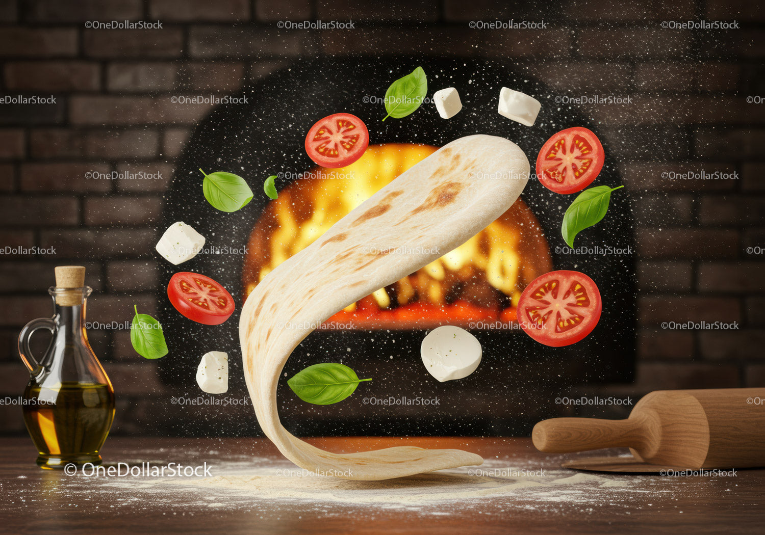Fresh pizza dough twirling with classic toppings and fire
